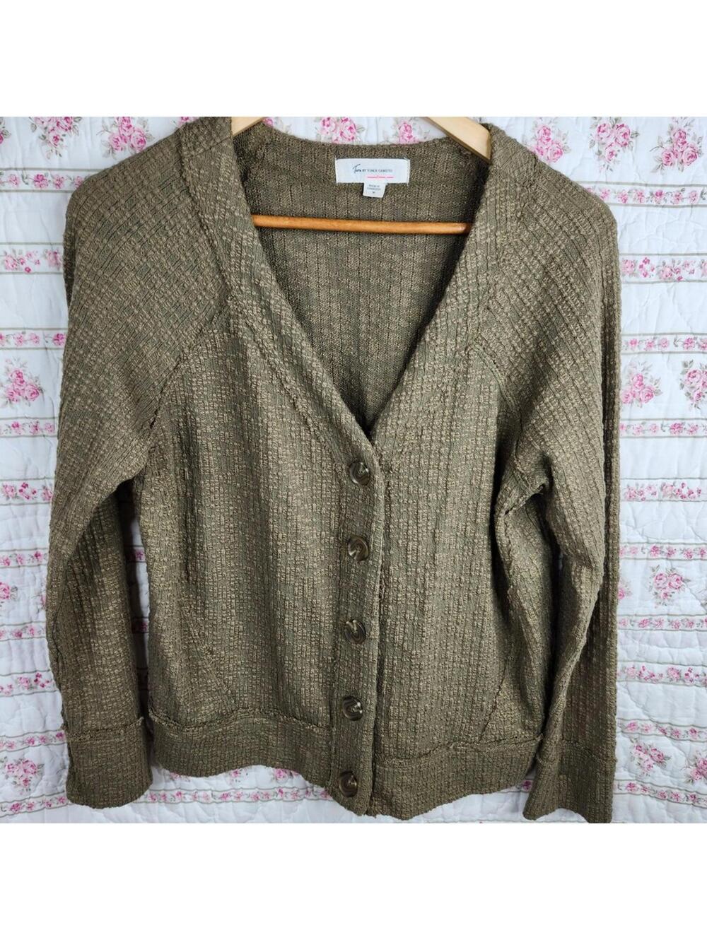 Two by Vince Camuto Textured Knit Cardigan Olive Green Button Front Size M